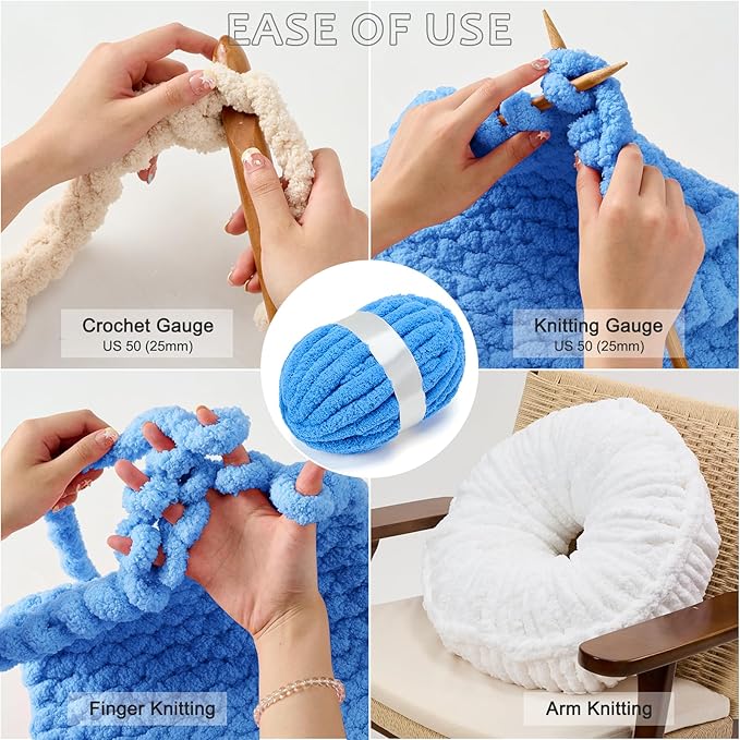 ERLYEEN Chenille Chunky Yarn Super Bulky Soft Thick Fluffy Jumbo Giant Washable Polyester Big Yarn DIY for Arm Knit Blanket Cushion Bed Sofa Home Decor,Denim Blue,0.55LB