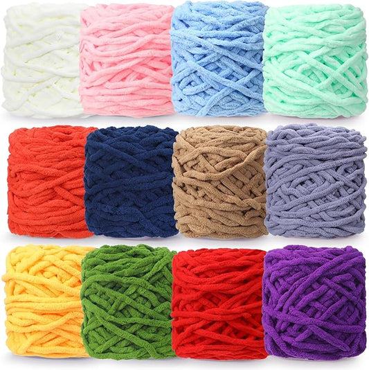 Buryeah 12 Pack Chunky Chenille Yarn for Crocheting Soft Thick Fluffy Yarn for Hand Knitting Bulky Velvet Blanket Plush for Weaving DIY Crafts Each 3.5 oz 55 Yards (Classic Colors)