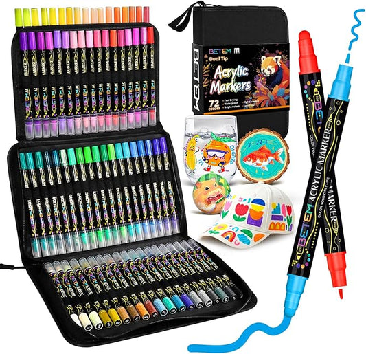 Betem Acrylic Paint Markers Pens, Dual Tip 72 Colors Premium Paint Pens Acrylic Markers for Wood, Fabric, Canvas, Stone, Rock Painting, Glass, Ceramic Surfaces, DIY Crafts Making Art Supplies with Bag
