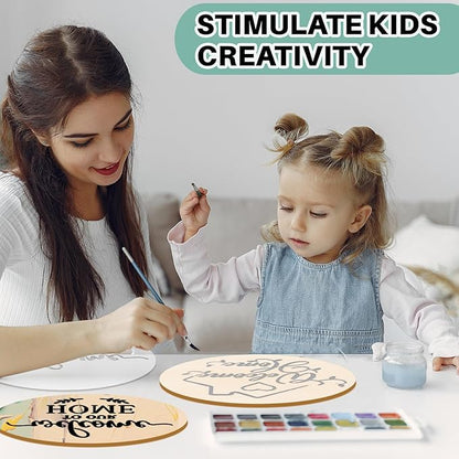 12 Inch Wood Circles for Crafts, 10Pcs Unfinished Wood Rounds with 4 Stencils & 12 Painting, DIY Wooden Crafts for Door Hanger, Sign, Wood Burning, Painting, Christmas Thanksgiving Day Decor