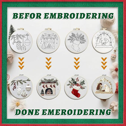 QBQBQ 4 Sets Christmas Embroidery Kit for Beginners, Embroidery Kits for Adults, Cross Stitch Kits for Beginners with Pattern, Needles, Threads, Bamboo Hoops, Tools