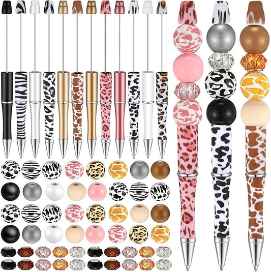 Geyee 12 Set Plastic Beadable Pens Assorted Bead Pens Crystal Wood Round Spacer Set Black Ink DIY Ballpoint for Women Men Gift Office Supplies