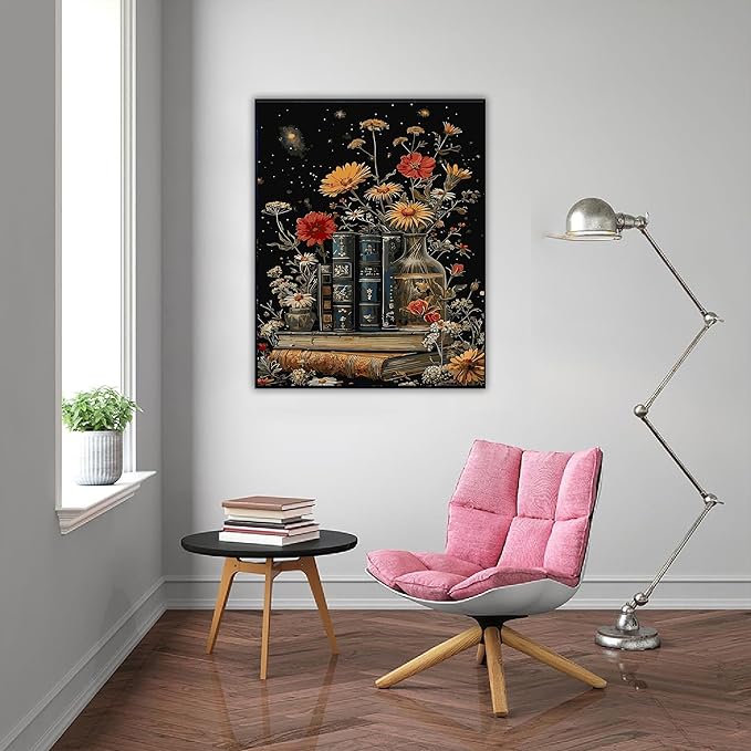 DFPSCLLA Paint by Numbers for Adults, Vintage Books and Flowers DIY Paint by Numbers Acrylic Paint Canvas, Painting Kits Art on Canvas for Home Wall Art 16x20 Inch（Without Frame）