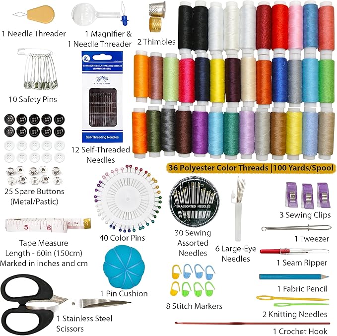Vellostar Large Sewing Kit for Adults & Beginners – Portable Needle and Thread Kit with Professional Sewing Supplies & Accessories for Home Clothing Repairs, 36XL-Color Threads, 30-Assorted Needles