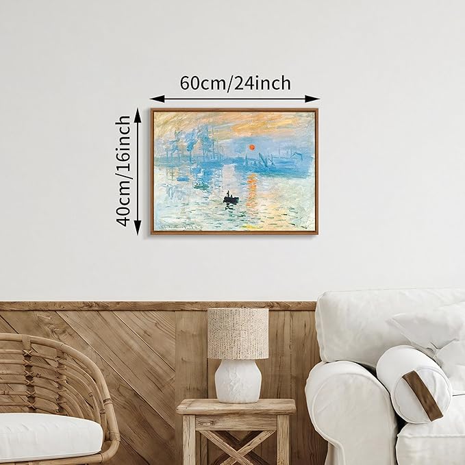 WENGTIAO Impression Sunrise Claude Monet Framed Canvas Wall Art Prints Natural Sunrise Scenery Oil Paintings Reproduction Blue Seascape Canvas Picture Artwork Decor for Living Room Bedroom 16x24 inch