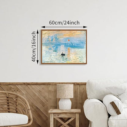 WENGTIAO Impression Sunrise Claude Monet Framed Canvas Wall Art Prints Natural Sunrise Scenery Oil Paintings Reproduction Blue Seascape Canvas Picture Artwork Decor for Living Room Bedroom 16x24 inch