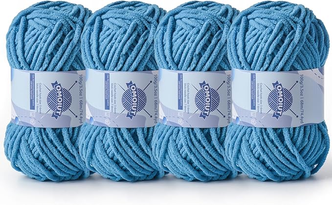 Chunky Chenille Yarn for Crocheting，Baby Yarn for Crocheting Soft Blankets，Bulky Yarns for Crochet Amigurumi，4×100g (4×74.3yds) Fluffy Velvet Yarns for Hand Knitting (4 Lake Blue)