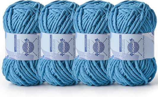 Chunky Chenille Yarn for Crocheting，Baby Yarn for Crocheting Soft Blankets，Bulky Yarns for Crochet Amigurumi，4×100g (4×74.3yds) Fluffy Velvet Yarns for Hand Knitting (4 Lake Blue)