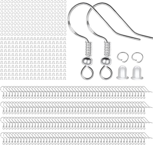 925 Sterling Silver Earring Hooks, 600PCS Earring Making kit 200PCS/100Pairs Hypoallergenic Ear Wires with 200PCS Silver Open Jump Rings and 200PCS Rubber Backs Earring Backs for Jewelry Making