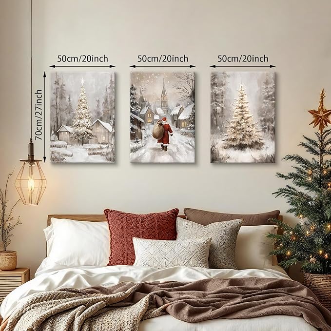 3Pcs Winter Snow Scene Canvas Wall Art for Bedroom, Christmas Pine Trees Landscape Wall Picture Retro Cabin Snowy Canvas Art Prints Painting Country Nature Wall Decor for Living Room Kitchen 20"x28"X3