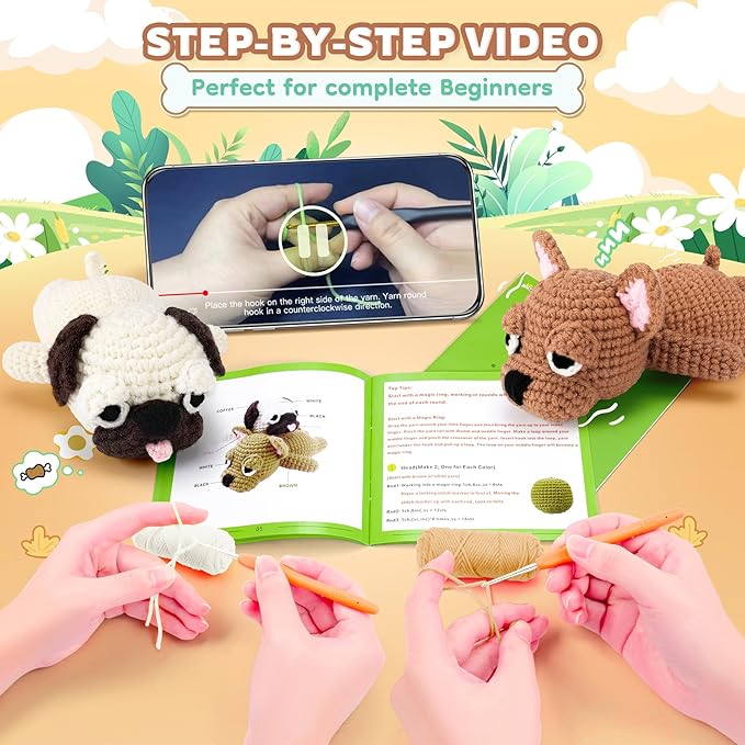 Crochet Kit for Beginners- 2 PCS Pug and French Bulldog Crochet Kits for Adults, 2PCS Sleeping Dog Crochet Kit with Step-by-Step Video Tutorials,Crochet Hook, Instructions DIY Knitting Kit