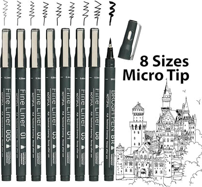 NOTEFUL Fineliner Pens - Black Micro Pens for Writing, Drawing & Journaling – Archival Waterproof Ink – Precision Art Pens for Sketching, Outlining & Detailing (3 Count (Pack of 8))