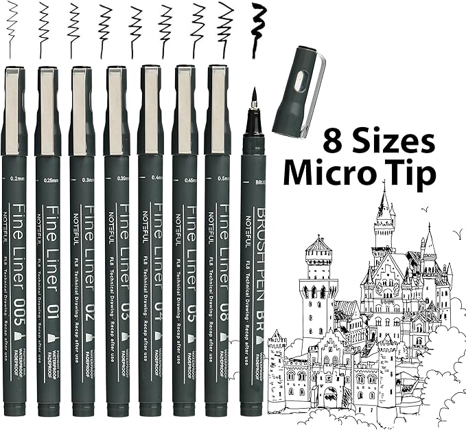 NOTEFUL Fineliner Pens - Black Micro Pens for Writing, Drawing & Journaling – Archival Waterproof Ink – Precision Art Pens for Sketching, Outlining & Detailing (2 Count (Pack of 8))