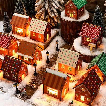 29 Pcs DIY Christmas Village Sets 12 Pcs Wood Village Houses Xmas Scene Figurines Decoration Mini Tree Desktop Ornament for Indoor Room Landscape Xmas Holiday Party Decor(Cute Style)