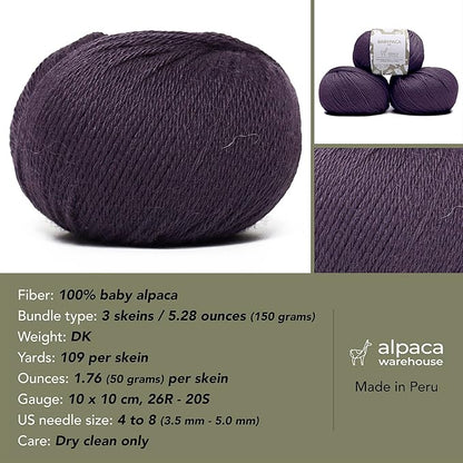 100% Baby Alpaca Yarn Wool Set of 3 Skeins (150 Grams) DK Weight - Made in Peru - Heavenly Soft and Perfect for Knitting and Crocheting (Purple, DK)