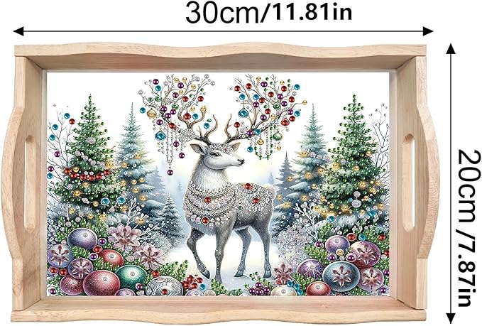 DIY Diamond Art Painting Wooden Tray Kit With Handle, Food Tray for Breakfast, Bar Dinner Table Decoration, Diamond Dots Gem Painting Art Set for Beginners - Christmas Elk2