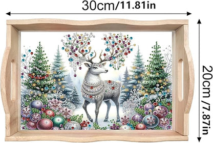 DIY Diamond Art Painting Wooden Tray Kit With Handle, Food Tray for Breakfast, Bar Dinner Table Decoration, Diamond Dots Gem Painting Art Set for Beginners - Christmas Elk2