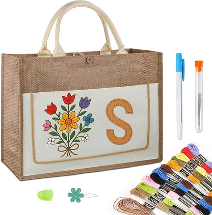 guofa DIY Jute Tote Bag with Embroidery Kit – Customizable Canvas Tote for Women, Personalized Handmade Bag for Birthday, Wedding, Beach, Everyday Use (S)