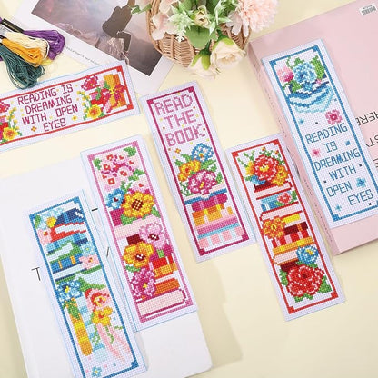 ORIGACH 6 Pcs Cross Stitch Bookmark Kit for Beginner Book Flower Stamped Embroidery Stitch Kits for Starter DIY Bookmarks Printed Cross Stitch Kits for Book Lovers