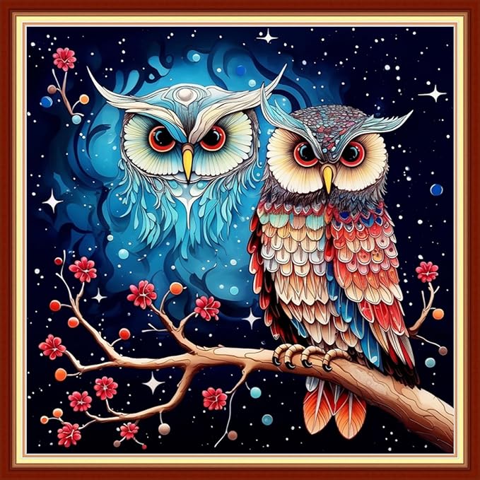 Foxdiviy Stamped Cross Stitch Kits Full Range of Embroidery Needlework Starter Kits for Beginners Adults 11CT Embroidery Patterns Art Crafts DIY Needlepoint Kits-Colorful Owl 18x18 inch