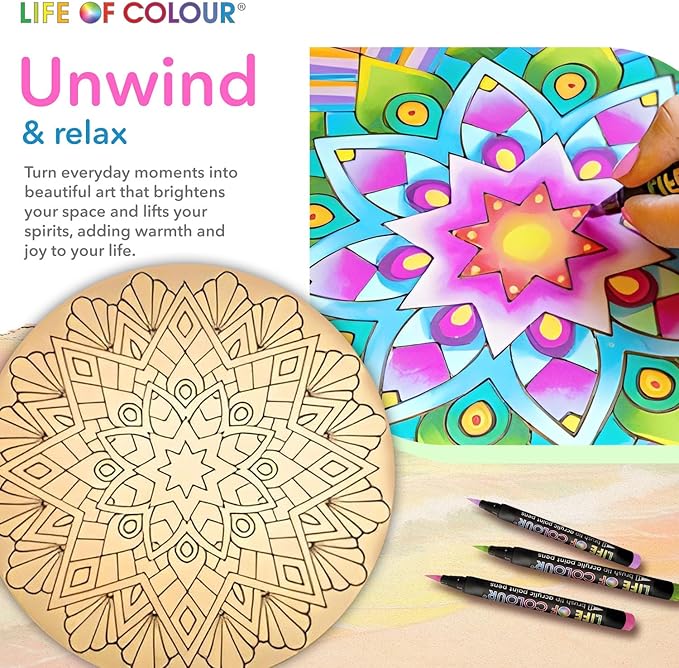 Life of Colour Mandala Painting Kit - Extra Large 15" Color Your Own Beach Engraved Board with 12 Acrylic Paint Pens - Restorative Mandala Art Meets Dramatic Wall Décor, Big 15+ Inch Size