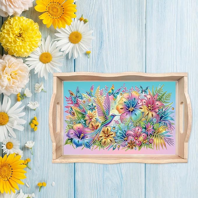 DIY Diamond Art Wooden Tray Kit, Food Tray with Handle Diamond Painted Table Decoration Tray, for Breakfast, Bar Dinner Table Diamond Dots Gem Painting Art Set for Beginners-#41-Hummingbird