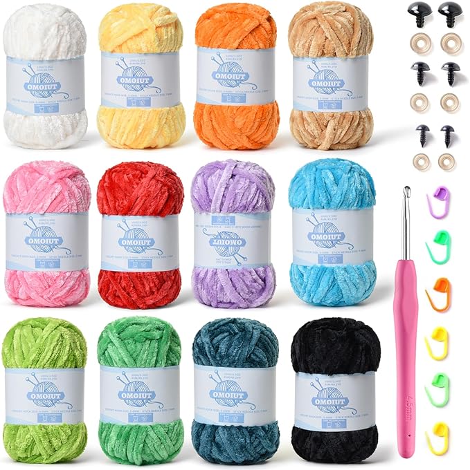 12 Pack 590 yds Chunky Chenille Yarn for Crocheting and Hand Knitting with Black Red White Green Orange Blue Plush Velvet Yarn，Baby Blanket Yarn for Crocheting Soft Amigurumi Yarn C