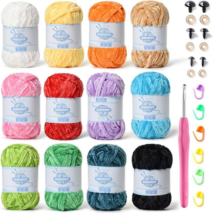 12 Pack 590 yds Chunky Chenille Yarn for Crocheting and Hand Knitting with Black Red White Green Orange Blue Plush Velvet Yarn，Baby Blanket Yarn for Crocheting Soft Amigurumi Yarn C