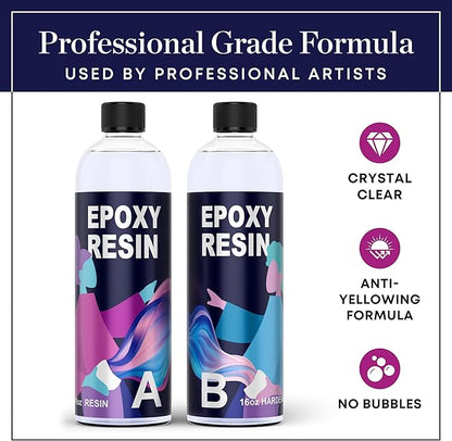 Epoxy Resin Craft Kit 32 Oz - Clear, Non-Toxic, UV Resistant, High Gloss, Odor-Free - Includes 16 Oz Resin & Hardener - Ideal for Art & Craft Projects