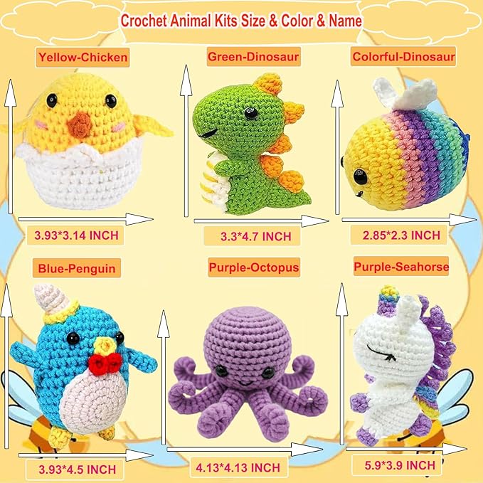 6PCS Crochet Kit for Beginners, Beginners Knitting Kit for Adults, Cute Animals Complete Starter Kit with Step-by-Step Video Tutorials and Instructions, Christmas Gifts for Adults and Friends