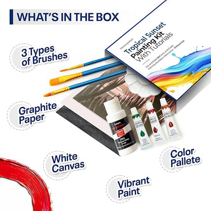 Painting4Real DIY Art Painting Kit for Adults – Learn to Paint Tropical Sunset with Video Tutorials – 9 Pieces Acrylic Paint Set for Adults –Perfect Christmas Crafts & Holiday Gifts for Art Lovers