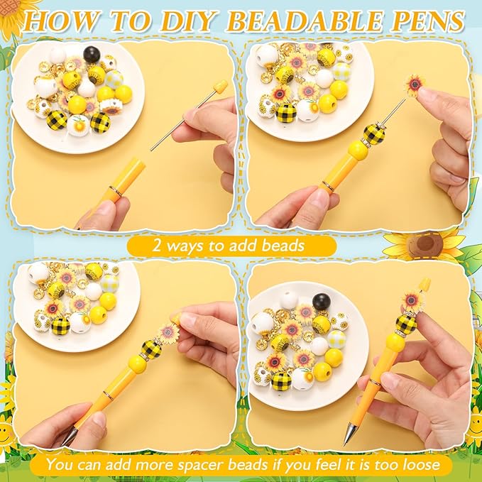 Geyee 12 Set Plastic Beadable Pens Assorted Bead Pens Crystal Wood Round Spacer Set Black Ink DIY Ballpoint for Women Men Gift Office Supplies(Sunflower)