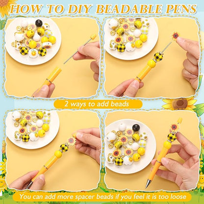 Geyee 12 Set Plastic Beadable Pens Assorted Bead Pens Crystal Wood Round Spacer Set Black Ink DIY Ballpoint for Women Men Gift Office Supplies(Sunflower)