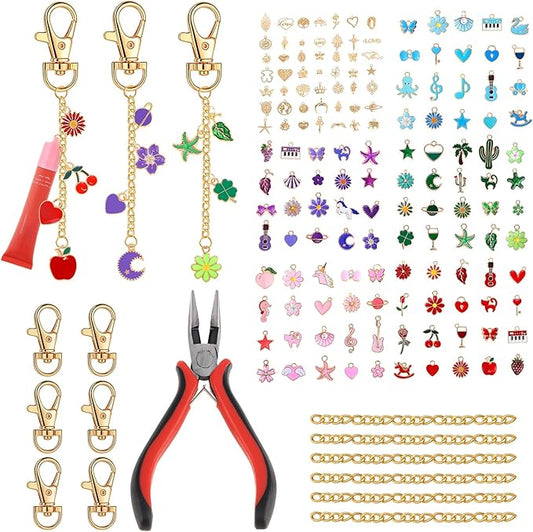 Pengxiaomei 401 Pcs DIY Keychain Making Kit, Lip Gloss Keychain Making Kit Bag Charm Kit Including 150 Charms Jewelry Keychains Making Supplies for DIY Crafting and Jewelry Making