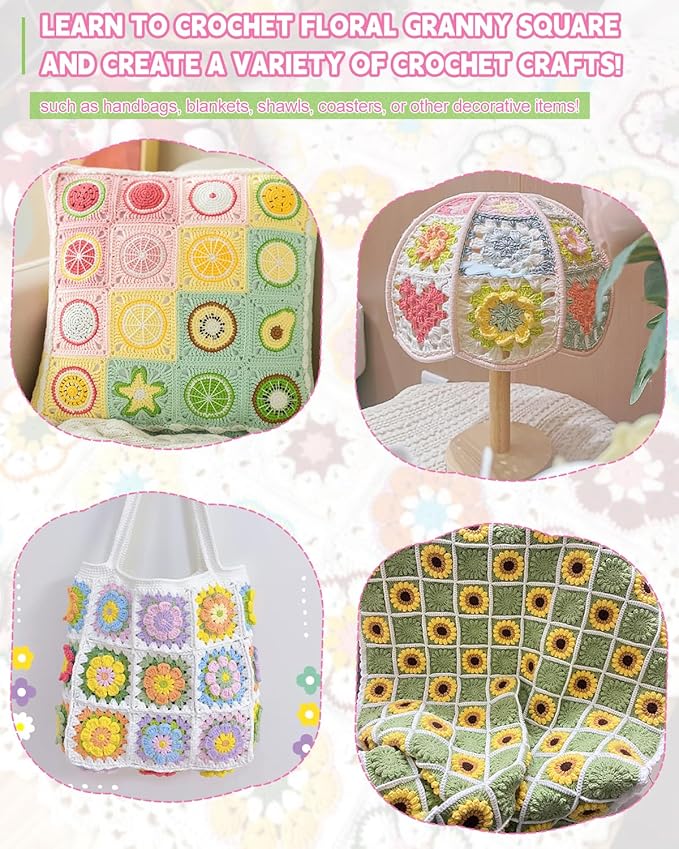 Katech Crochet Kit for Adults - Fruits & Floral Granny Square Set With Blocking Mat, Book - Advanced Beginner Learn to Crochet Granny Squares (GRP D)
