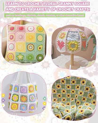 Katech Crochet Kit for Adults - Fruits & Floral Granny Square Set With Blocking Mat, Book - Advanced Beginner Learn to Crochet Granny Squares (GRP D)