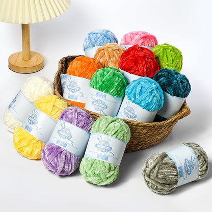 12 Pack 590 yds Chunky Chenille Yarn for Crocheting and Hand Knitting with Black Red White Green Orange Blue Plush Velvet Yarn，Baby Blanket Yarn for Crocheting Soft Amigurumi Yarn C