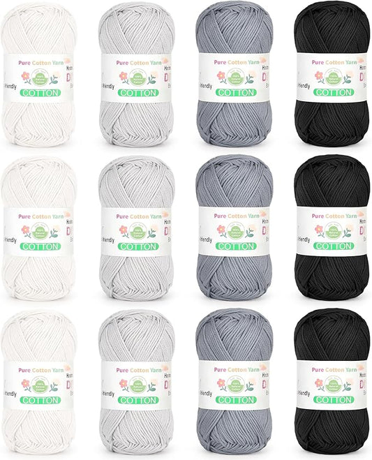 Katech 1OO% Cotton Yarn for Crocheting & Knitting–12-Color of 137 Yards/1.76 oz Baby Cotton Yarn Sport Weight CYC #2-Soft & Breathable-Ideal for Dishcloths, Baby Clothes, Potholders(E)