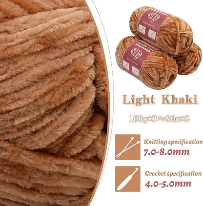 LUNARM Chenille Yarn for Crocheting Knitting, 3 Skein 263 Yard Thick Soft Chunky Fluffy Weaving Plush Yarn for Blankets Clothes Pattern Creations with Big Eye Needles(Light Khaki)