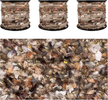Artisanal Yarn Collection Multifiber Fancy Yarn with Sequins for Knitting Crocheting Crafts DIY, Set of 3 Rolls (Hazel Brown)