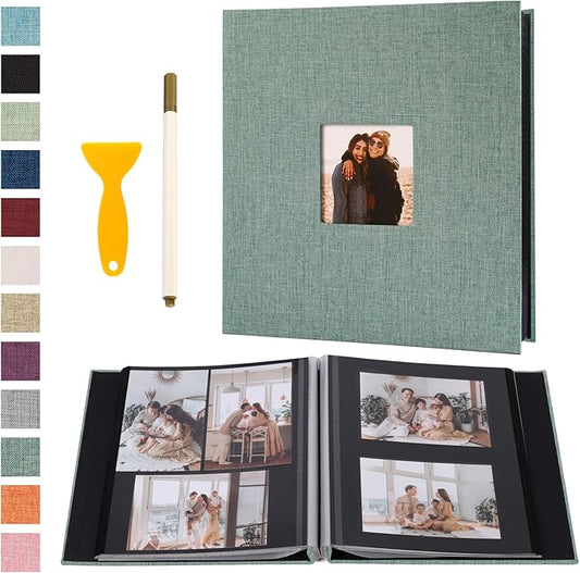 Self Adhesive Photo Album Black Pages Scrapbook Magnetic Photo Albums for 4x6 5x7 8x10 Pictures Books with Sticky Pages with A Metallic Pen for Baby Family Wedding 13.2x12.8 Green 40 Pages