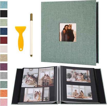 Self Adhesive Photo Album Black Pages Scrapbook Magnetic Photo Albums for 4x6 5x7 8x10 Pictures Books with Sticky Pages with A Metallic Pen for Baby Family Wedding 13.2x12.8 Green 60 Pages