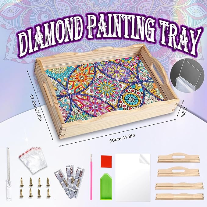EWJRNSF Diamond Art Kits for Adults Wooden Serving Trays with Handles, 5D Diamond Painting Big Gem Arts and Craft Gifts Trays Decor Gift Home Decor 7.8x11.8 Inches Mandala A