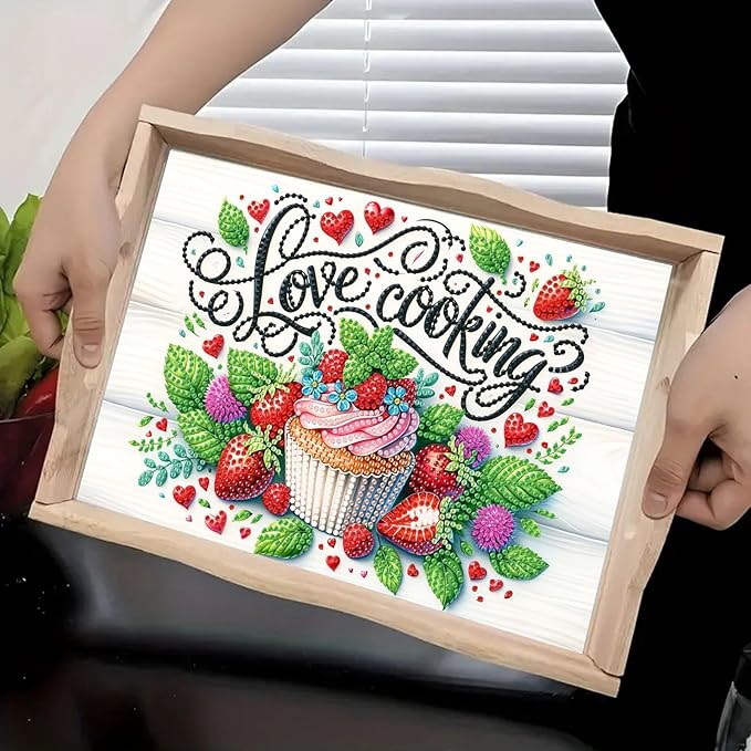DoxQcs DIY Diamond Art Wooden Tray Kit Easter Food Tray with Handle Diamond Painted Table Decoration Tray for Breakfast Bar Dinner Table Diamond Art Painting for Beginners-Cupcake