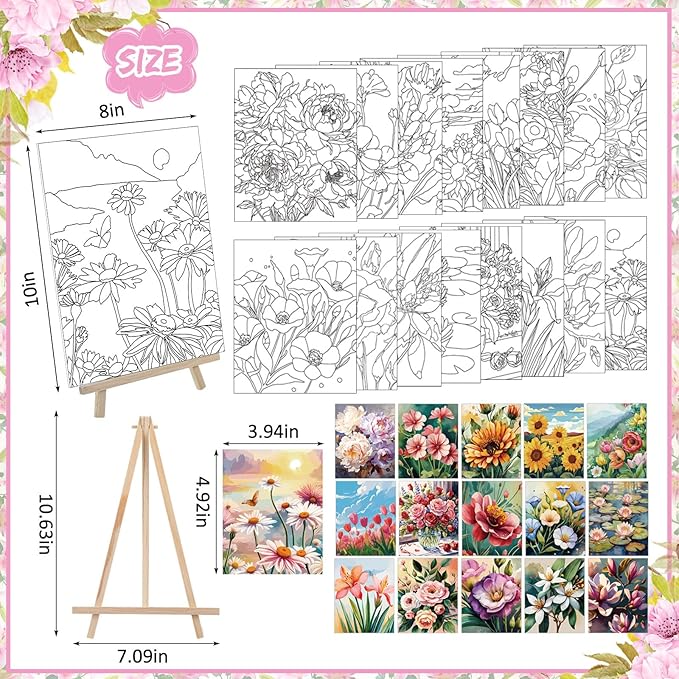 Tenceur 16 Sets Pre Drawn Canvas to Paint for Sip and Paint Party, 8 x 10 Inch Preprinted Framed Pre Sketched Coloring Canvas with Easels and Brushes for Adults Party Supplies(Flower)