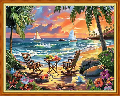 Funart Stamped Cross Stitch Kits for Beginners Full Range of Cross Stitching Preprinted Embroidery Kits for Adults, 11CT Embroidery Pattern Needlepoint Kits-Drinking Tea by The Seaside 16x20 inchs