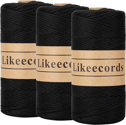 100% Cotton Crochet Yarn for Bag,3 Rolls/Pack 2mm x 510m,Macrame Cord,Chunky Yarn for Crocheting Handbag, Purse,Blankets Crafts Projects (Black-3)
