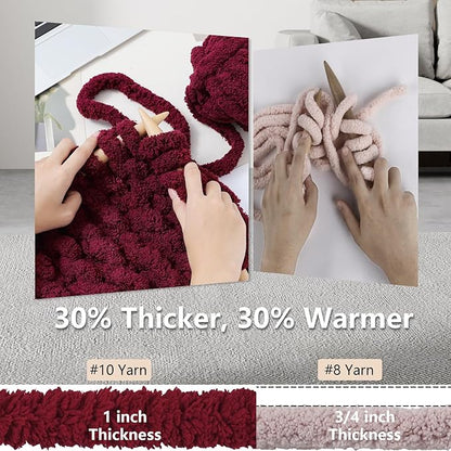 Chunky Yarn for Hand Knitting - #10 Chunky Chenille Yarn, Jumbo Big Thick Chunky Yarns for Crocheting, Super Bulky Chunky Knit Blanket Yarns, 8 Skein (25 yds 8 oz Each Skein), Burgundy