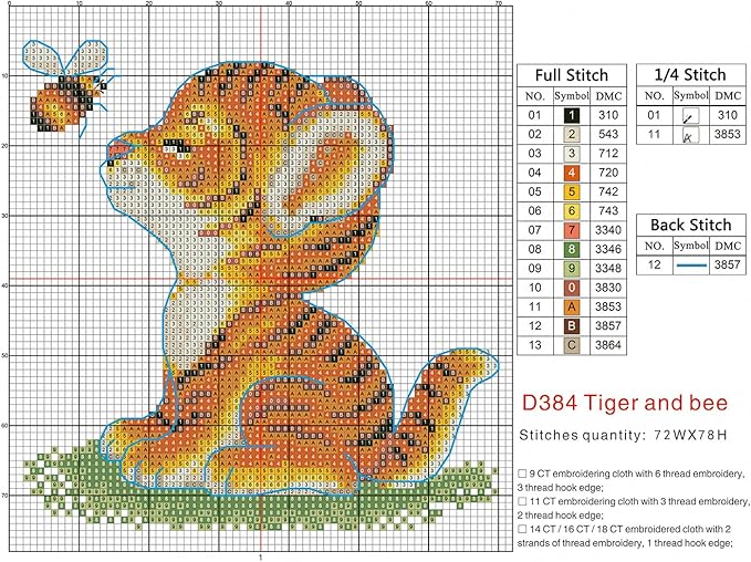 Maydiyer Cross Stitch Kits Stamped Full Range of Embroidery Starter Kits for Beginners DIY 11CT Easy Patterns Embroidery Kit for Girls-Tiger and Bee 9×9.5 inch