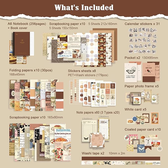 OFFIGIFT Scrapbooking Supplies Kit, 351pcs Bullet Junk Journal Kit with Journaling Supplies, Vintage Aesthetic Scrapbook Paper A6 Grid Notebook, Scrapbook Kit, Craft DIY Gift for Adult Women